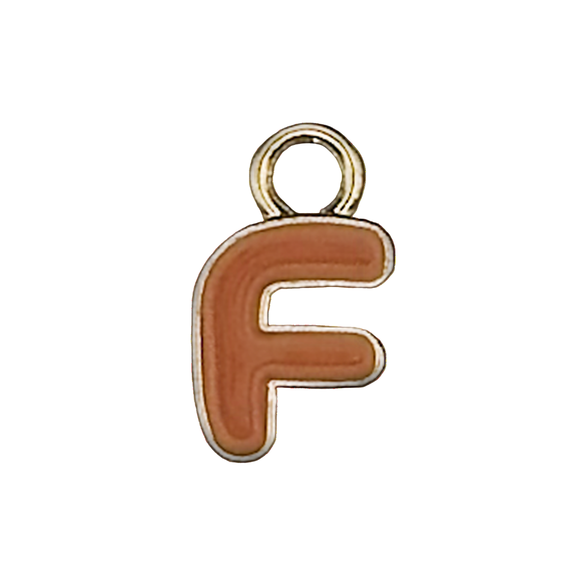 close-up of an orange letter F charm with a gold outline on a black background