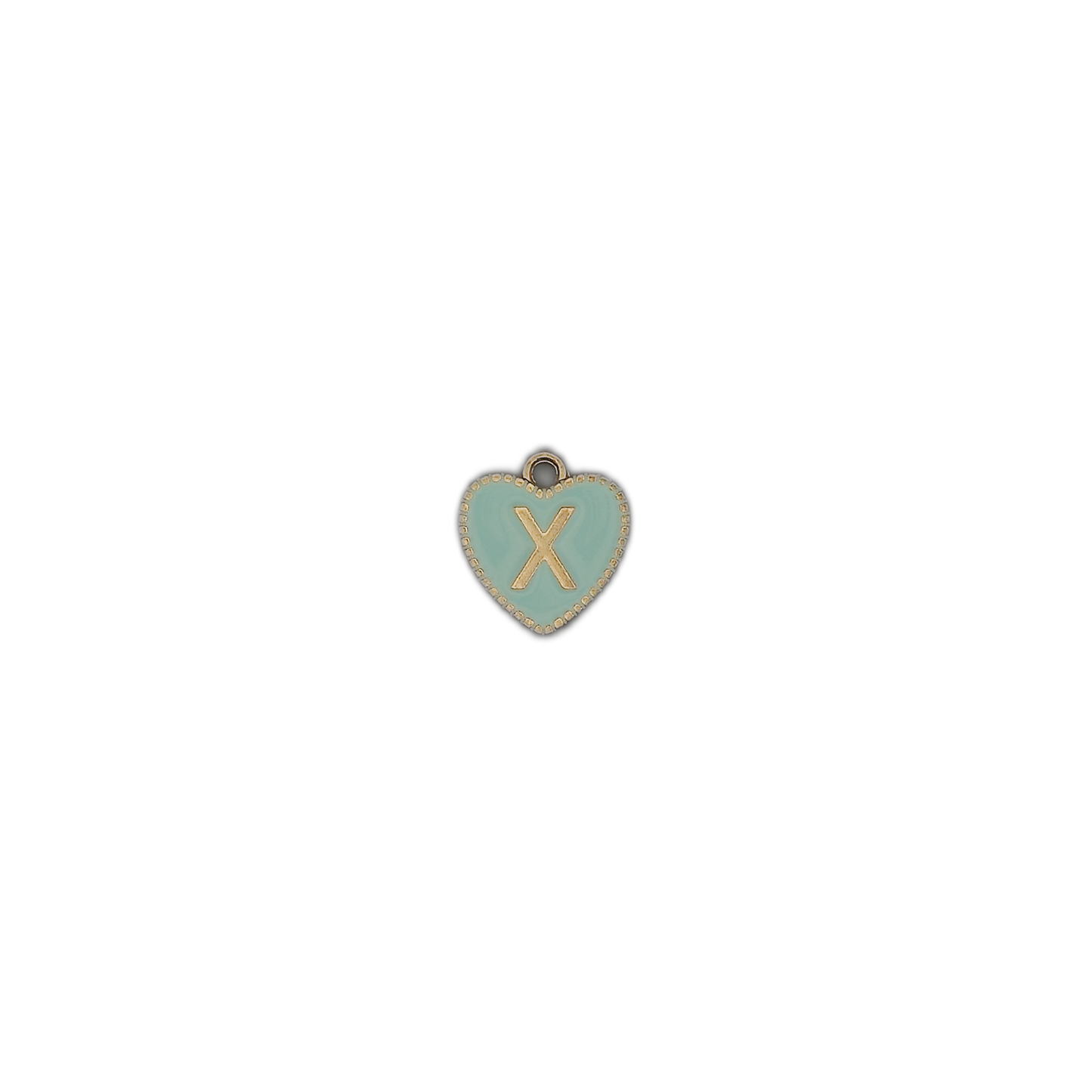 small mint heart charm with gold letter X centered on black background