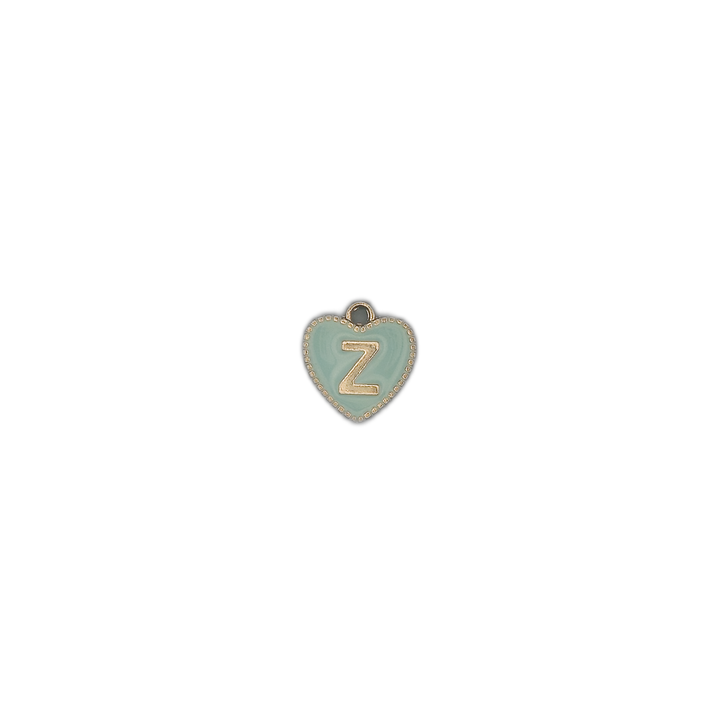 small mint heart charm with gold letter Z on black background