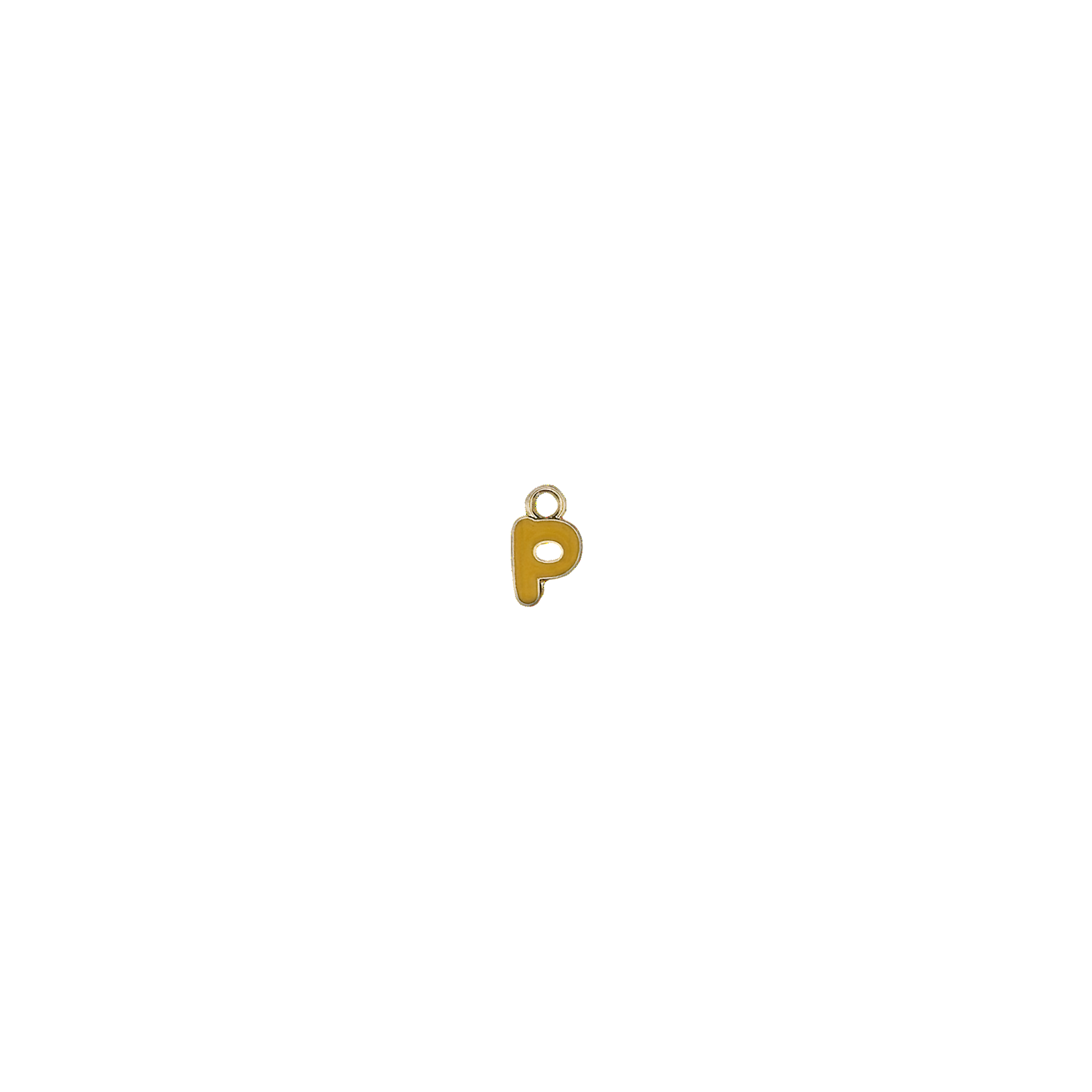 small yellow lowercase p enamel charm centered on a black background