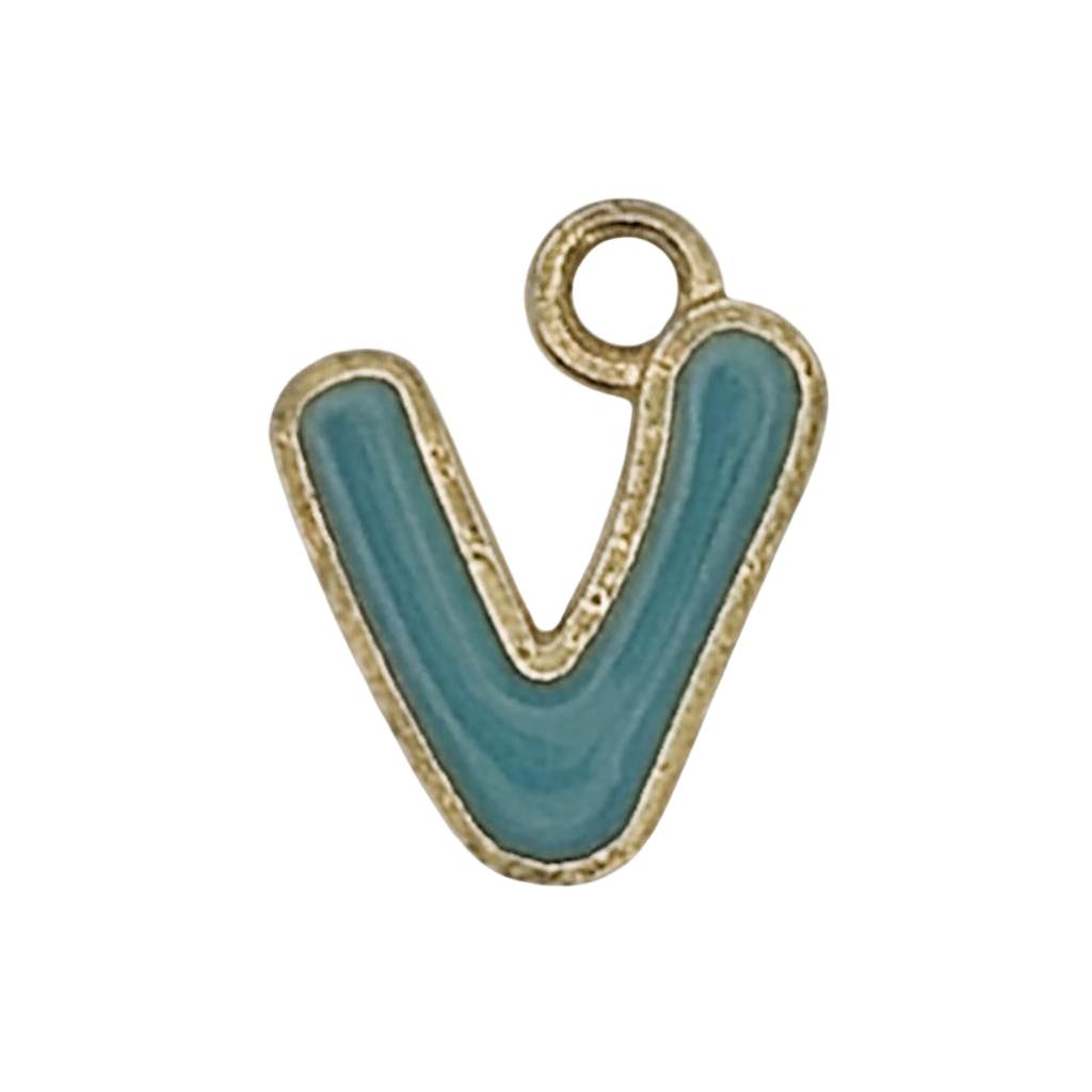 close-up of teal lowercase letter v charm with gold outline on black background