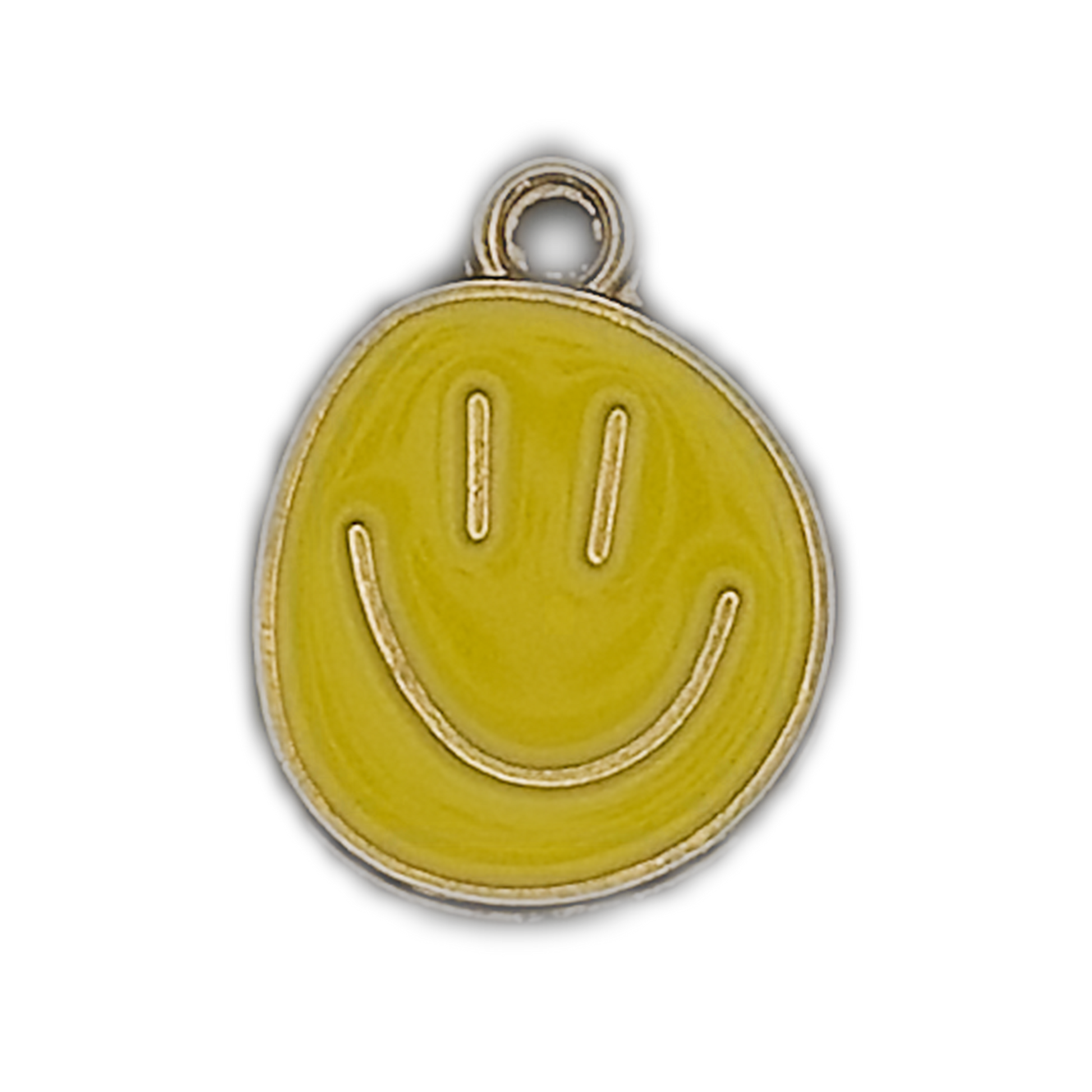 close-up of yellow smiley face enamel charm with gold-tone outline on black background