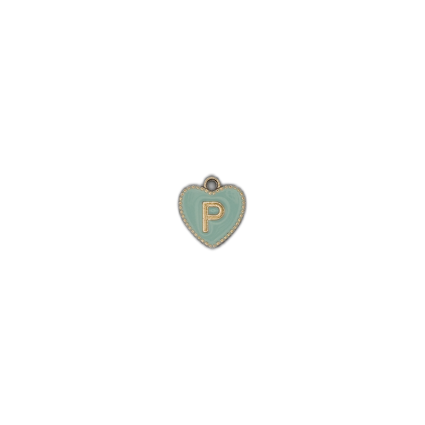 mint heart charm with gold letter P centered on black background