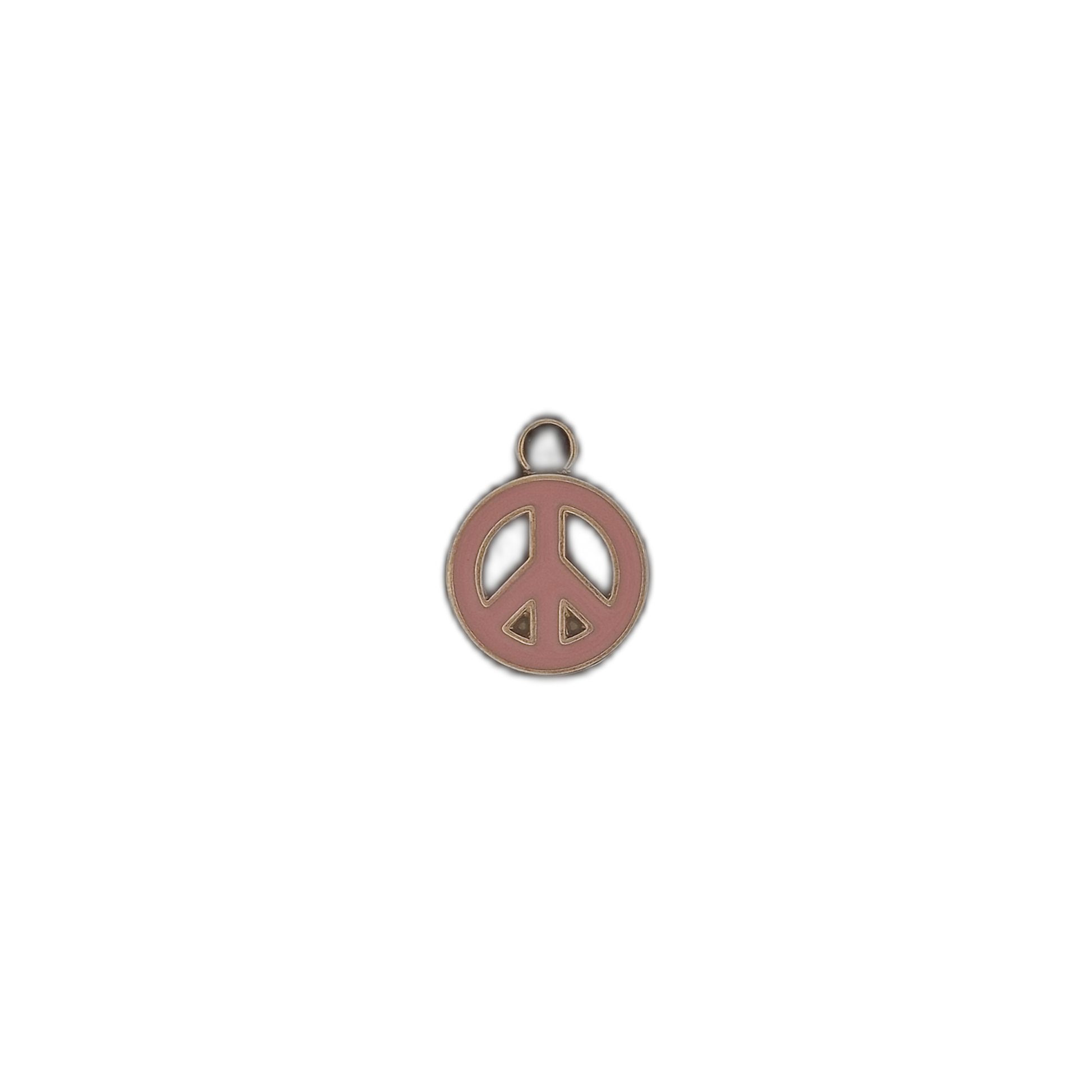 small round pink peace sign charm centered on black background