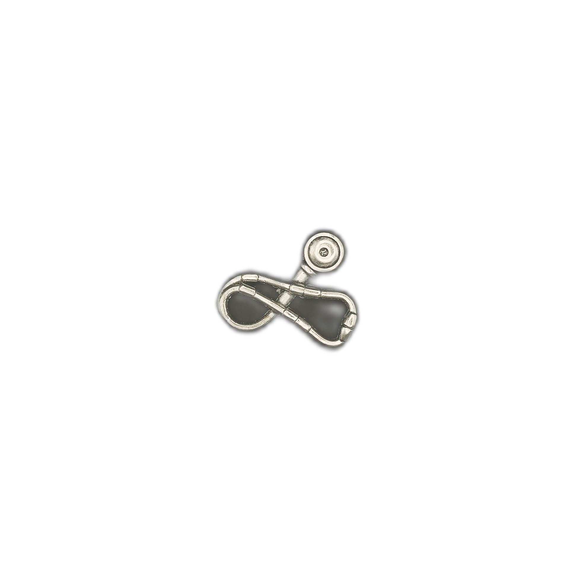 small silver stethoscope charm centered on a black background