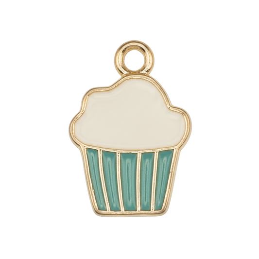 close-up of cupcake-shaped enamel charm with white icing and teal wrapper, gold outline