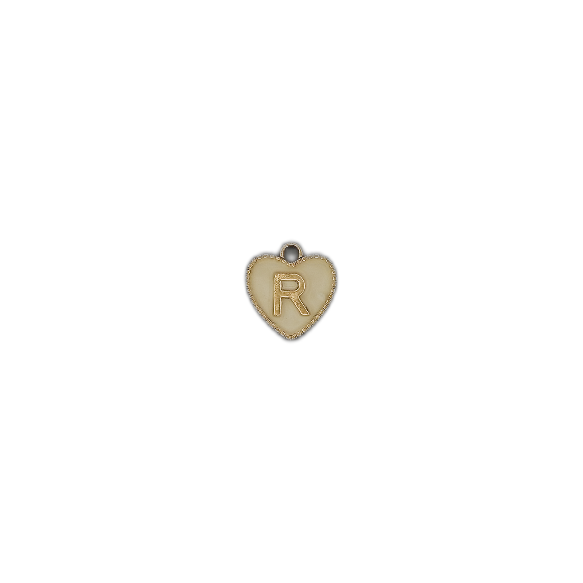 small cream heart initial R charm on black background
