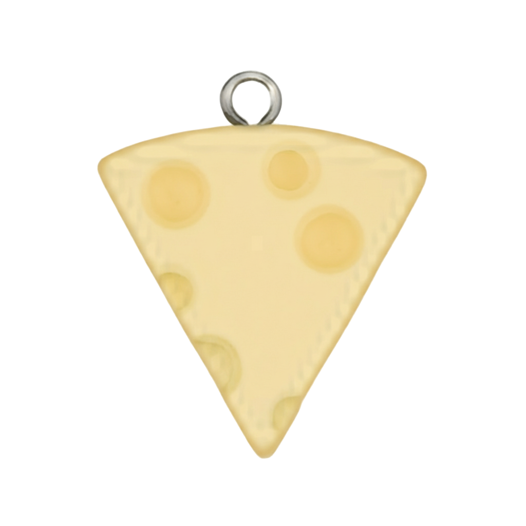 close-up of a yellow cheese wedge charm on a black background