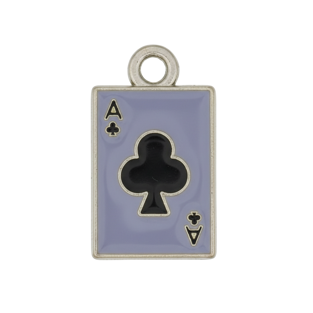 close-up of enamel ace of clubs card charm in purple with black club and gold outline