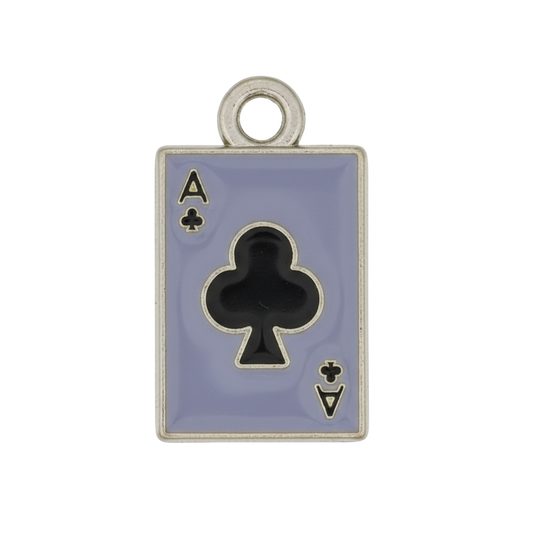 close-up of enamel ace of clubs card charm in purple with black club and gold outline