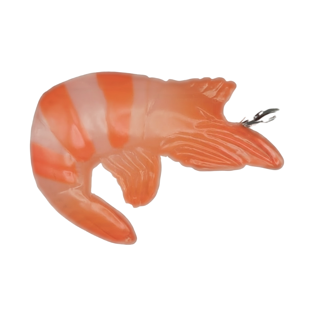 close-up of an orange striped shrimp charm on a black background