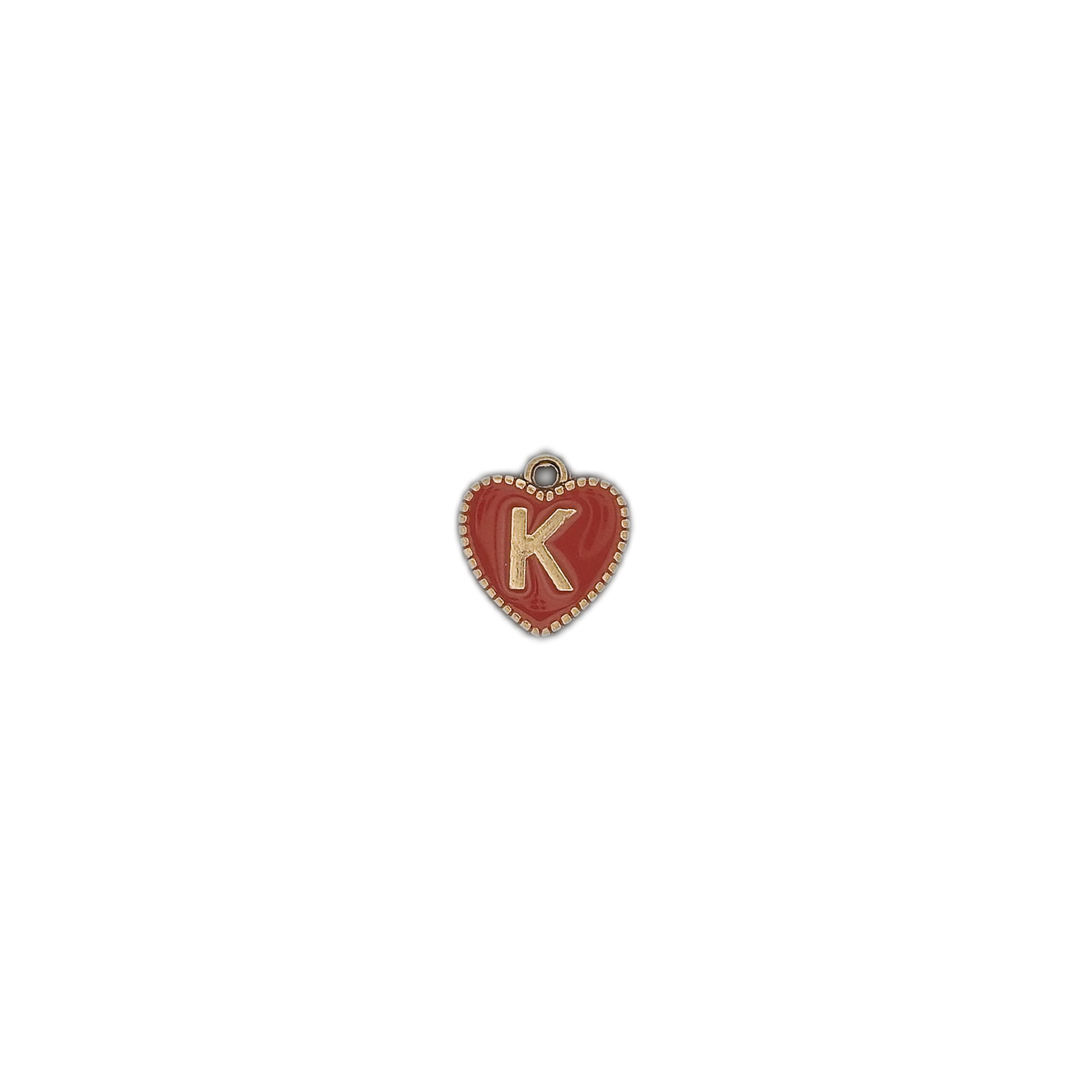 Small red heart initial K charm centered on a black background.