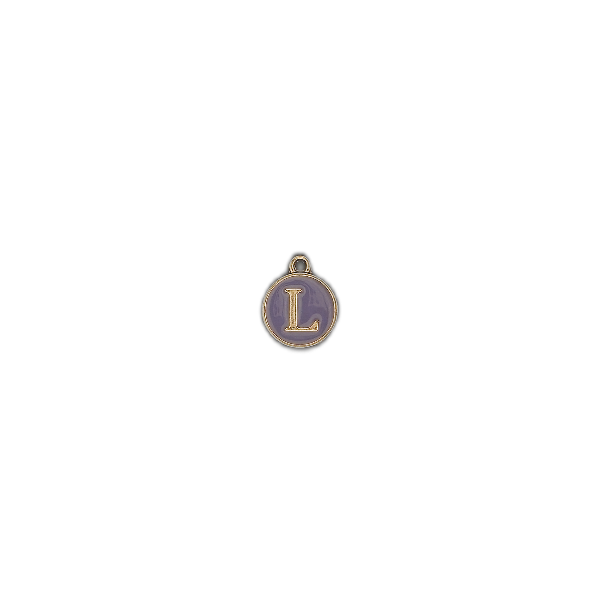 small round charm showing a gold letter L on purple enamel, centered on a black background