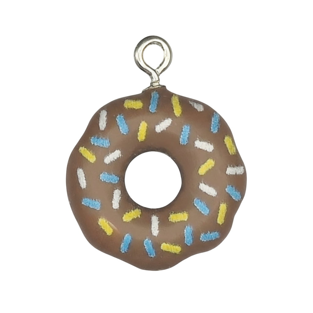close-up of a brown donut charm with blue, yellow, and white sprinkles on a black background