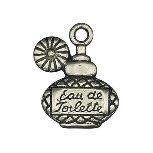 Close-up of a silver-tone perfume bottle charm with the words eau de toilette on a black background.