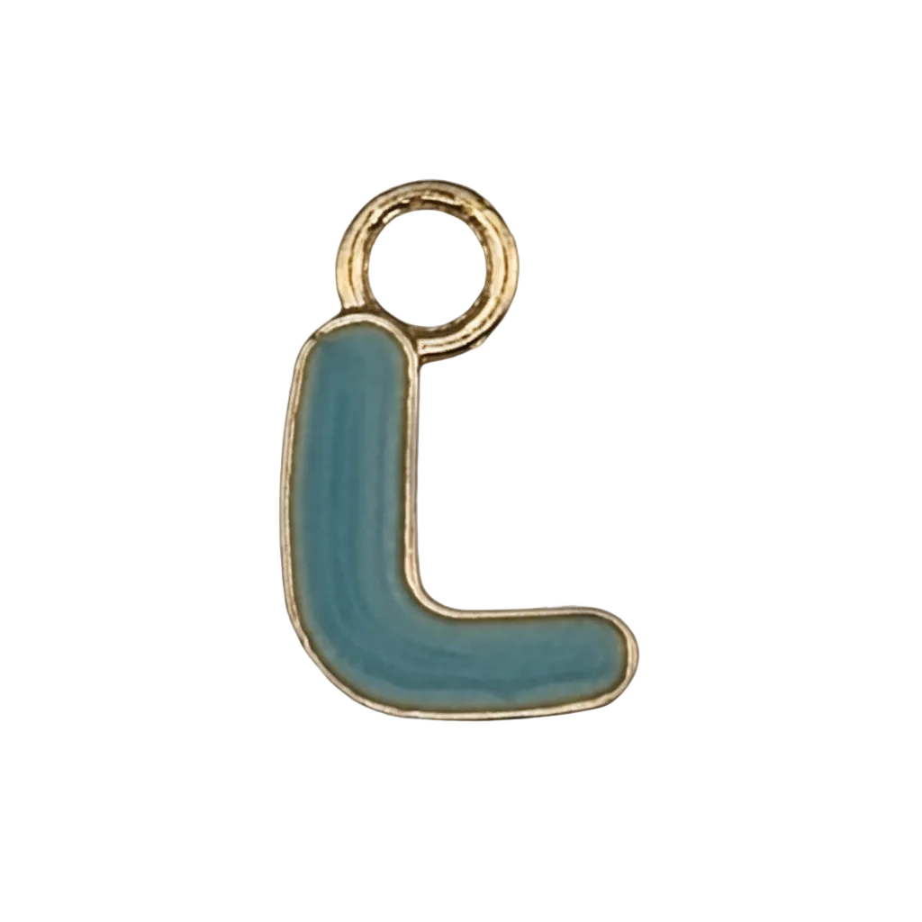 close-up of teal enamel lowercase letter l charm with gold outline