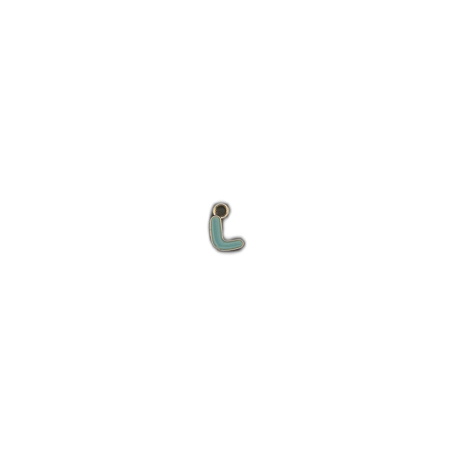 small teal letter L charm with gold-tone edge on black background