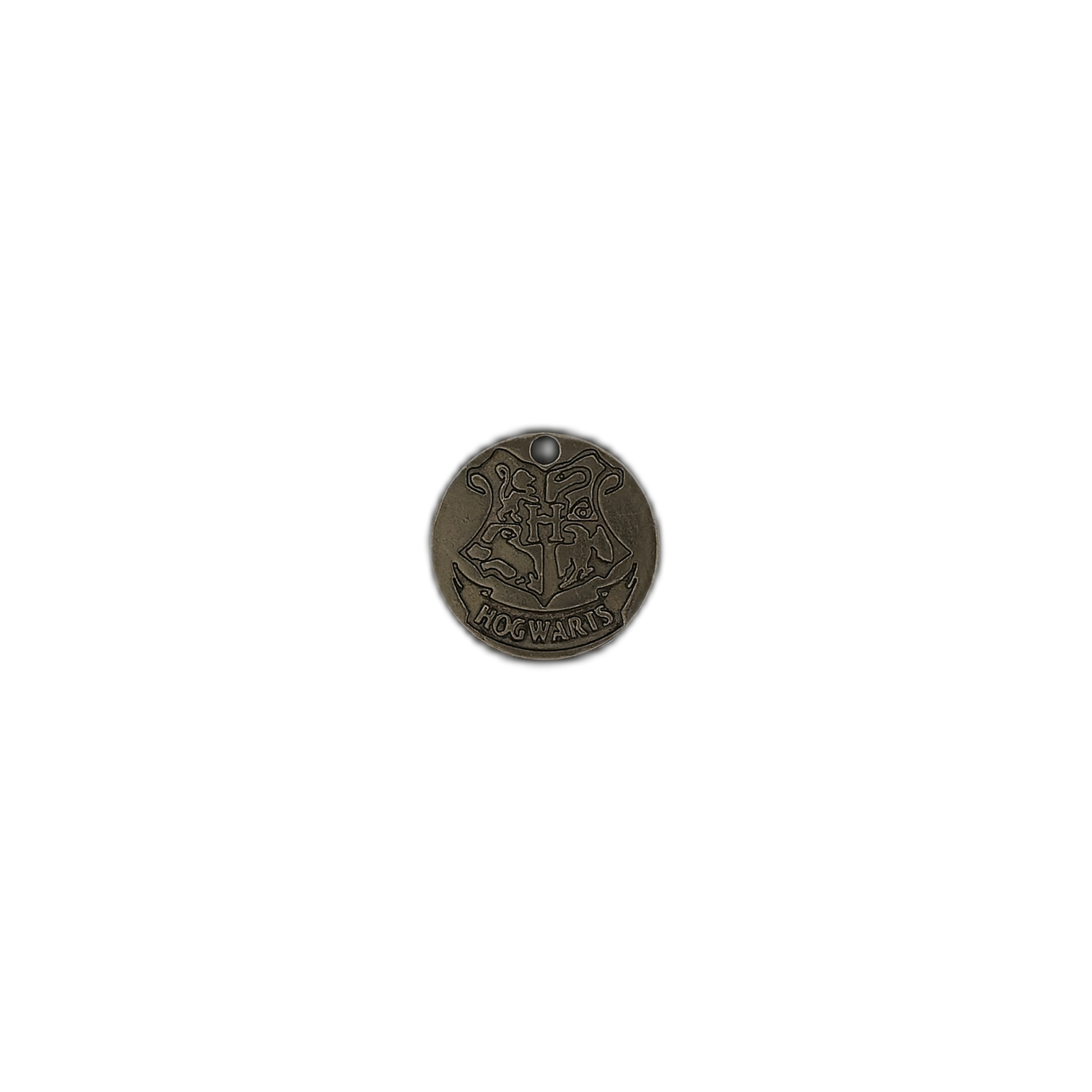 round bronze crest charm on black background