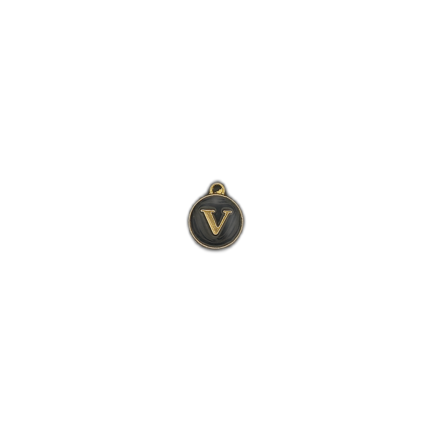 round black and gold letter V charm centered on black background