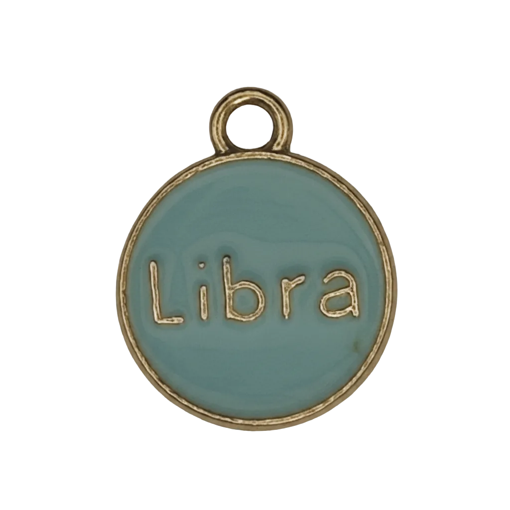 round blue enamel charm with 'Libra' text in gold