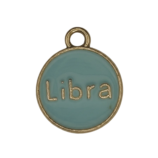 round blue enamel charm with 'Libra' text in gold