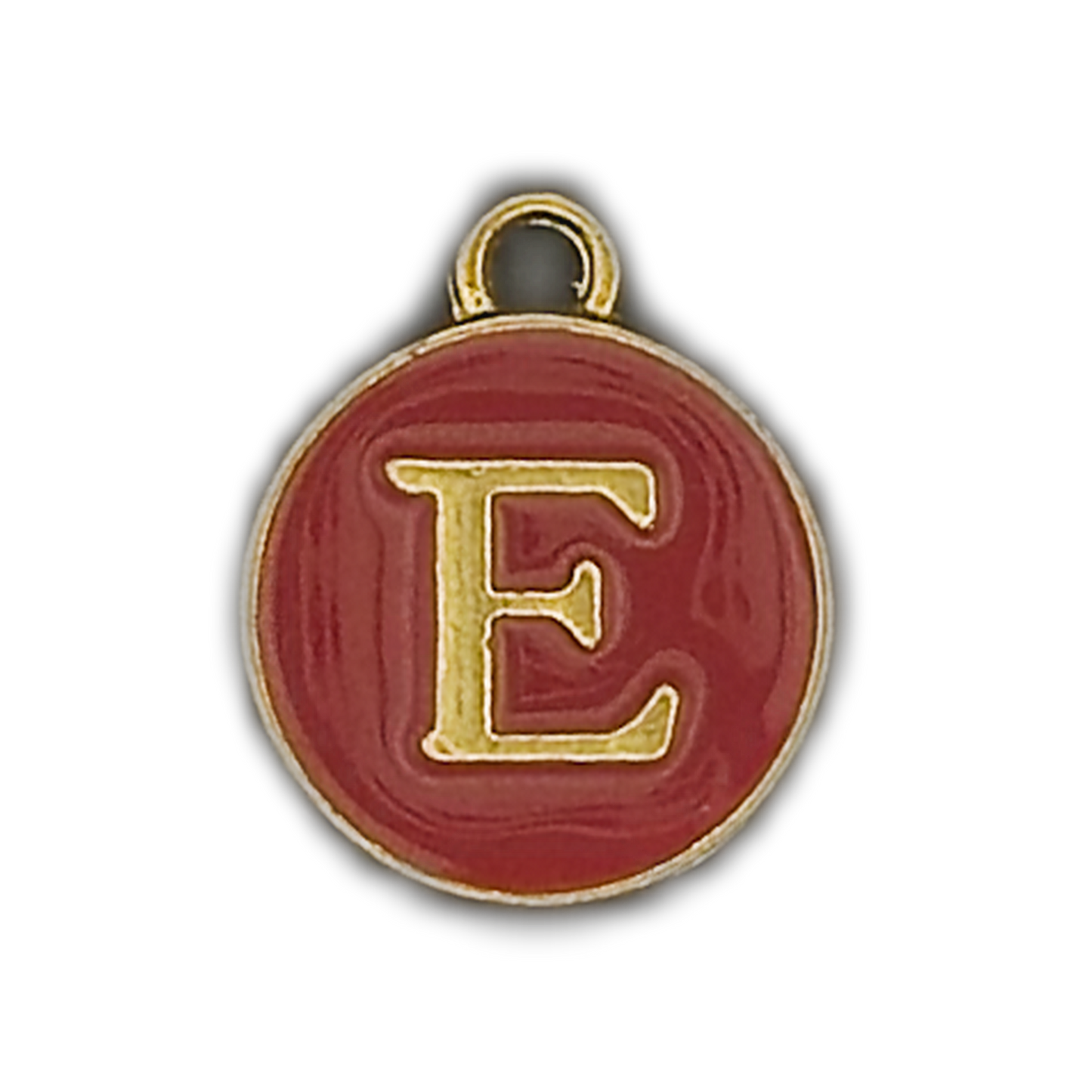 close-up of round red enamel charm with gold letter E and gold border