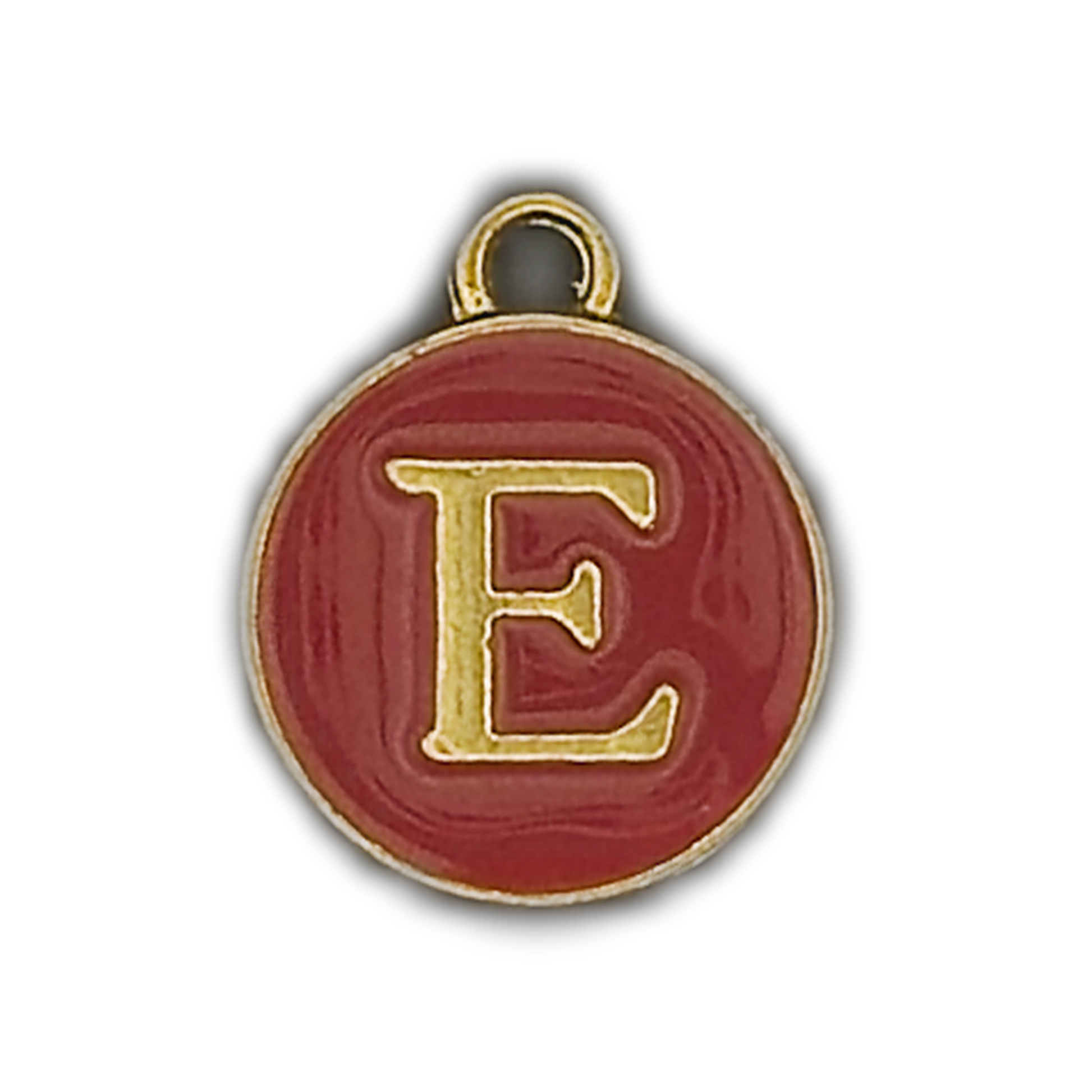 close-up of round red enamel charm with gold letter E and gold border