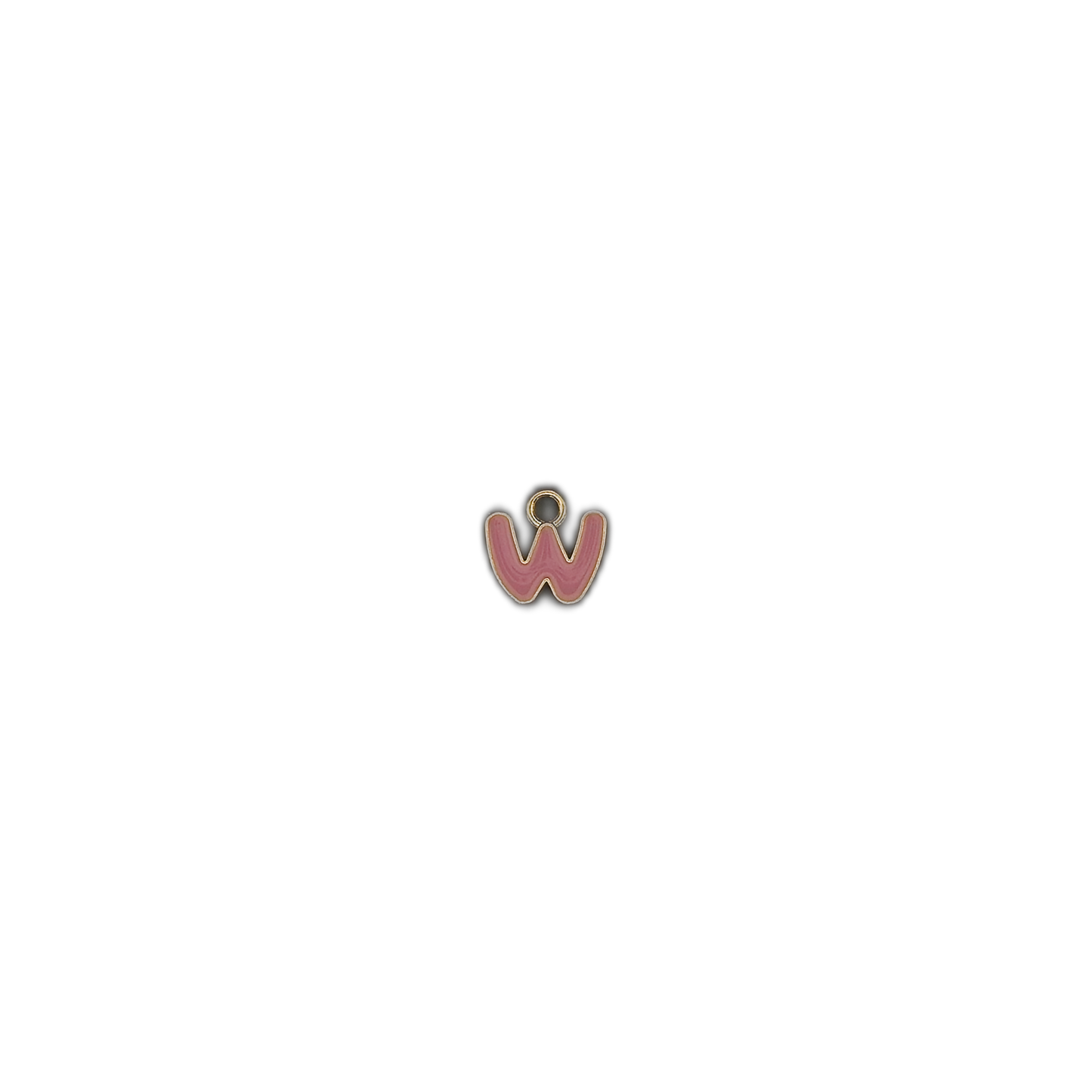 Small pink letter W charm centered on a black background.