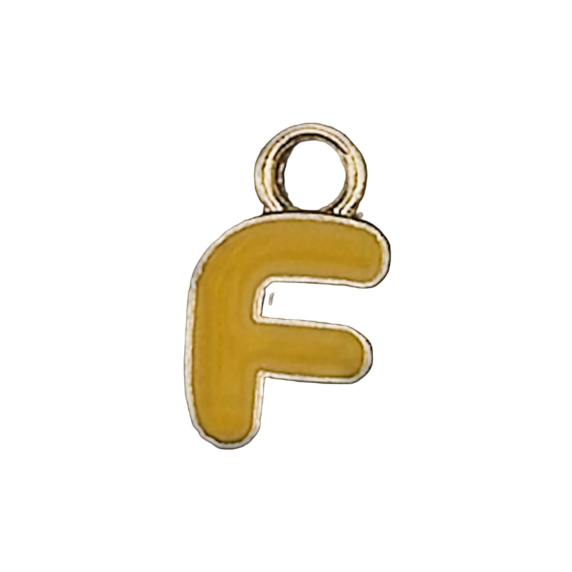 close-up of yellow enamel letter F charm with gold outline on a black background