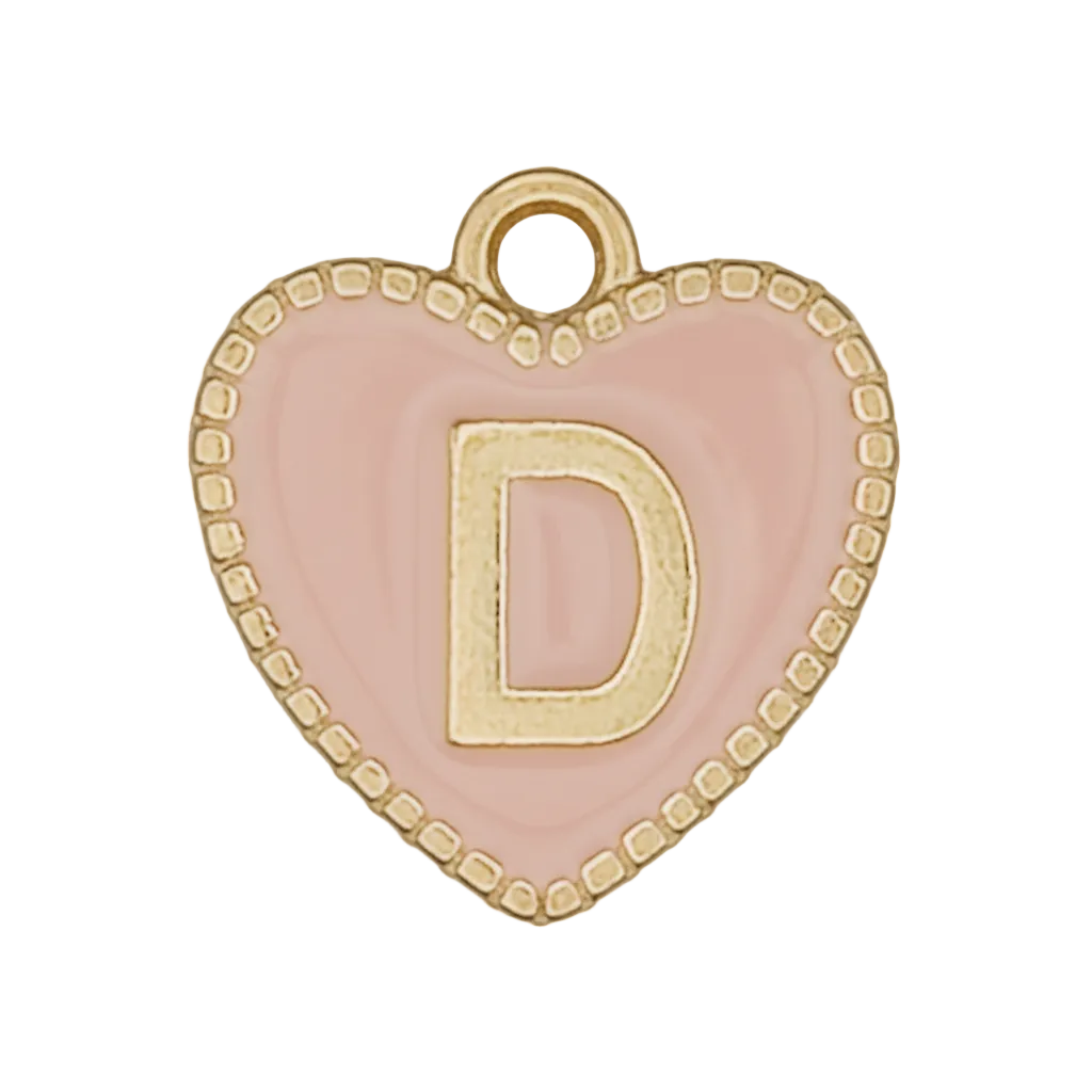 close-up of a pink heart charm with a gold letter D