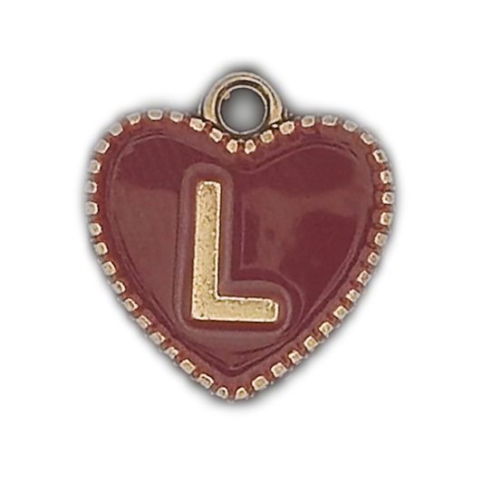 close-up of burgundy heart charm with gold letter L