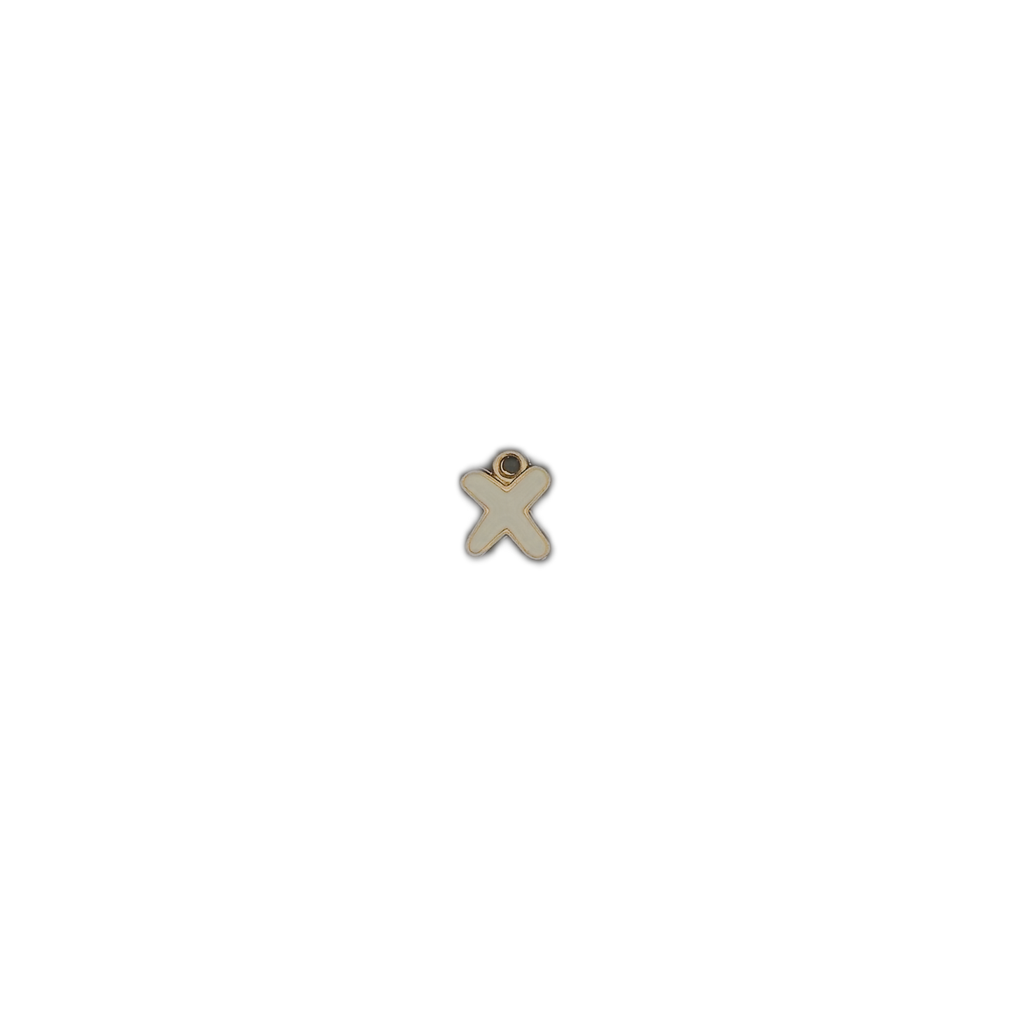 small letter X charm centered on a black background