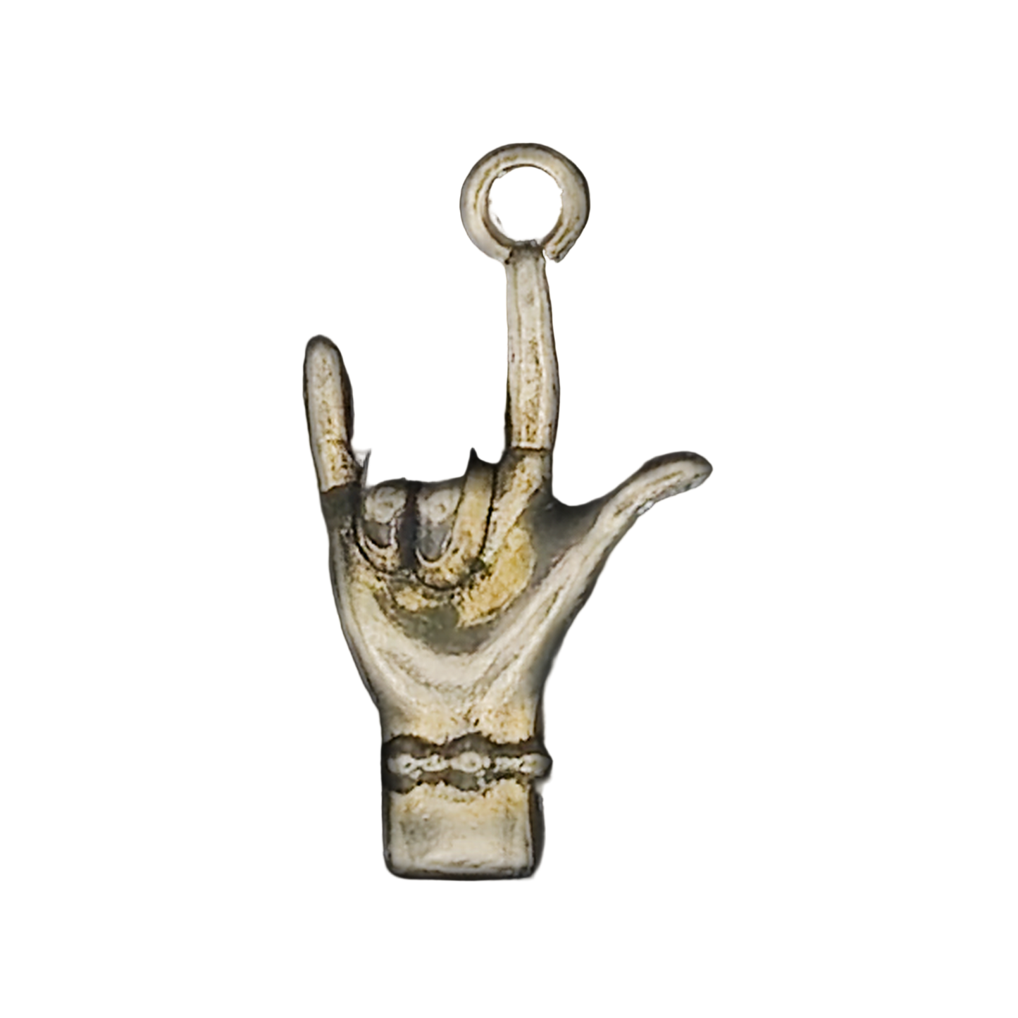 close-up of gold-tone hand charm making the I love you sign on black background