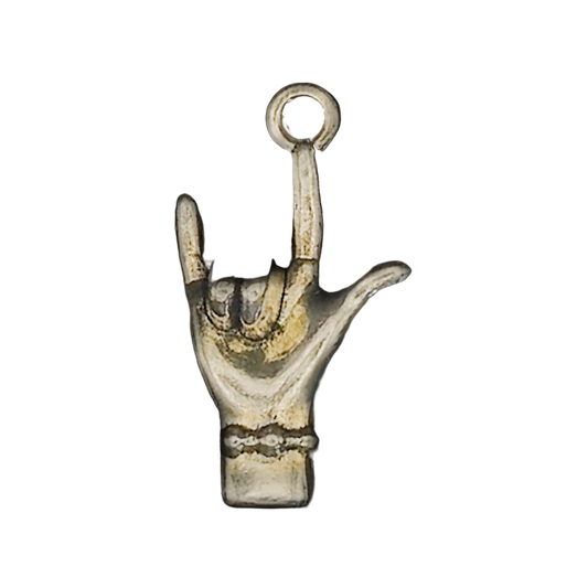 close-up of gold-tone hand charm making the I love you sign on black background