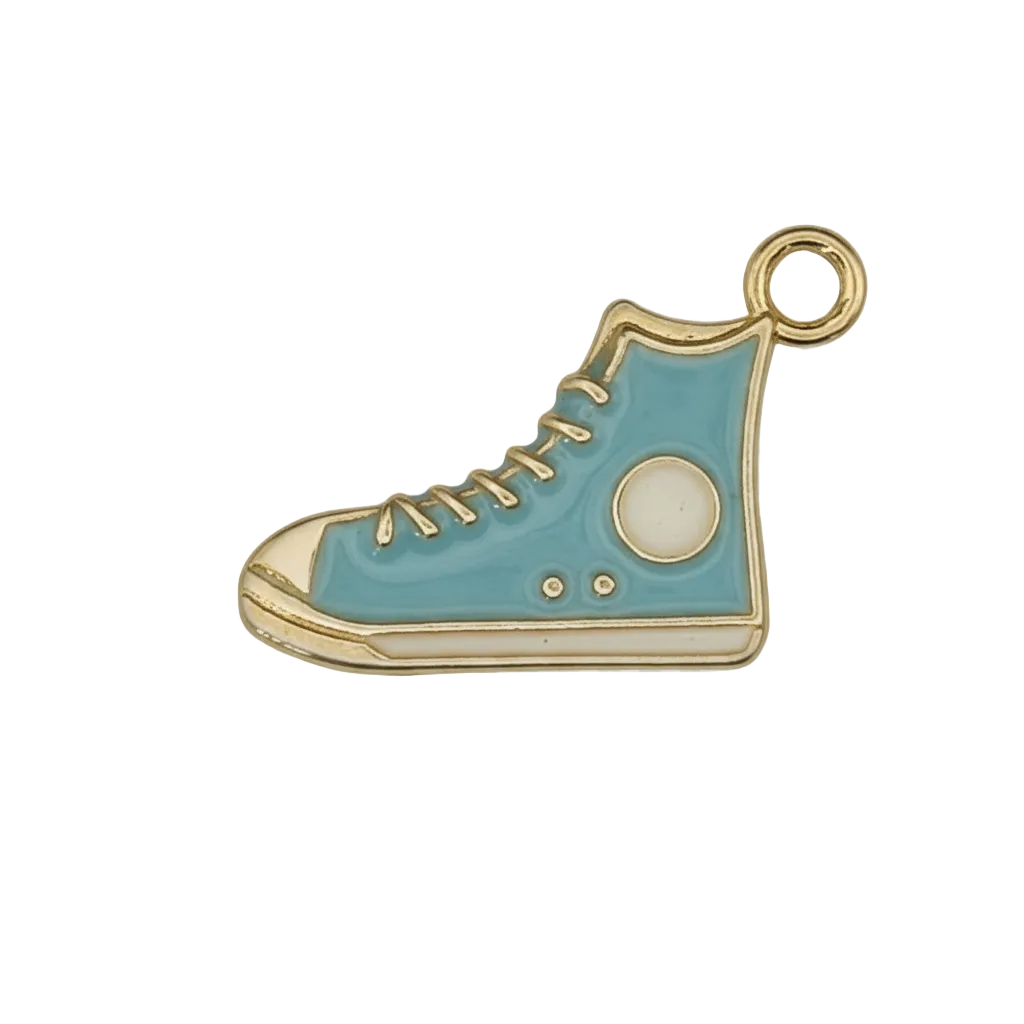 close-up of blue high-top sneaker charm with gold outline