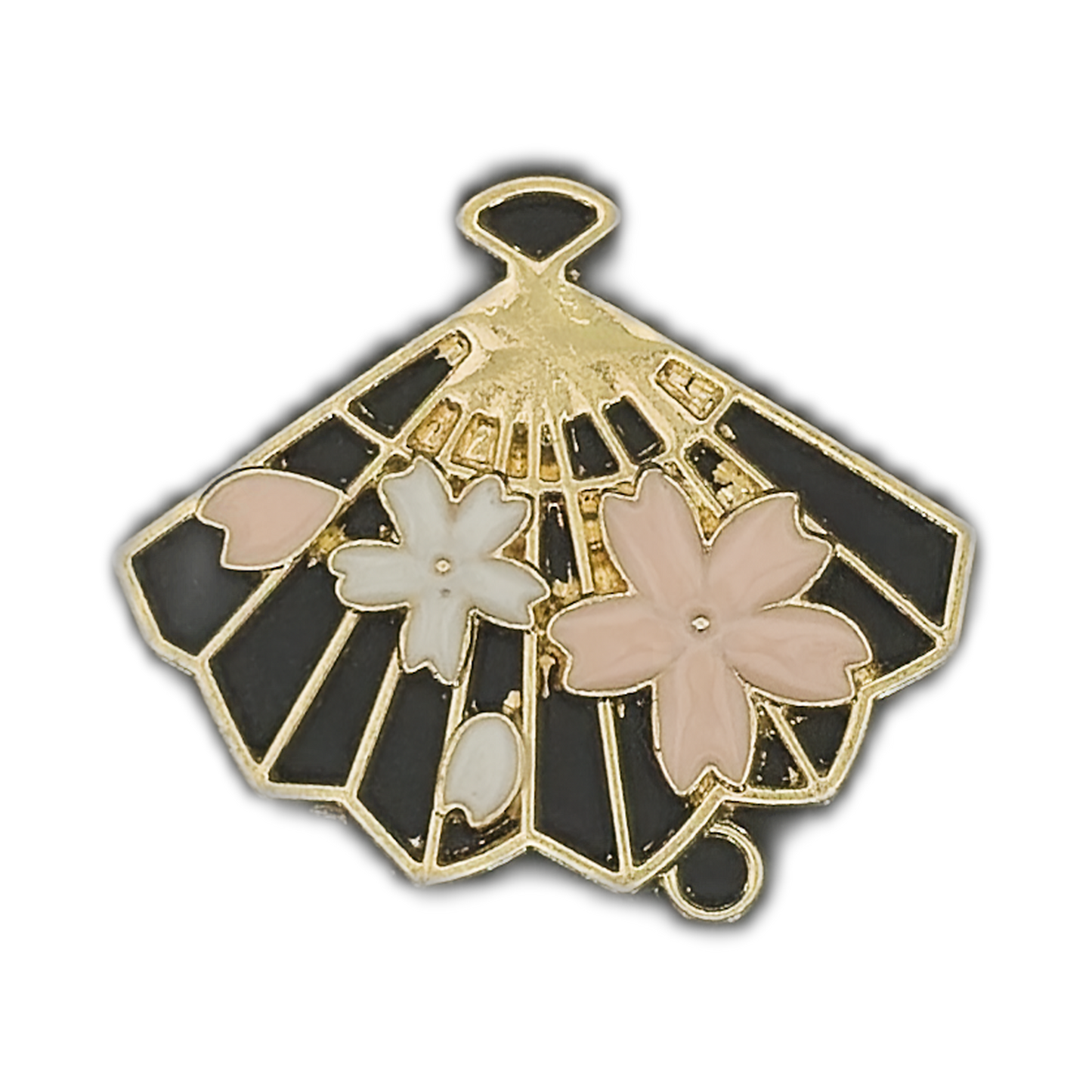 Gold-tone fan charm with black enamel and pink and white cherry blossoms, close-up.