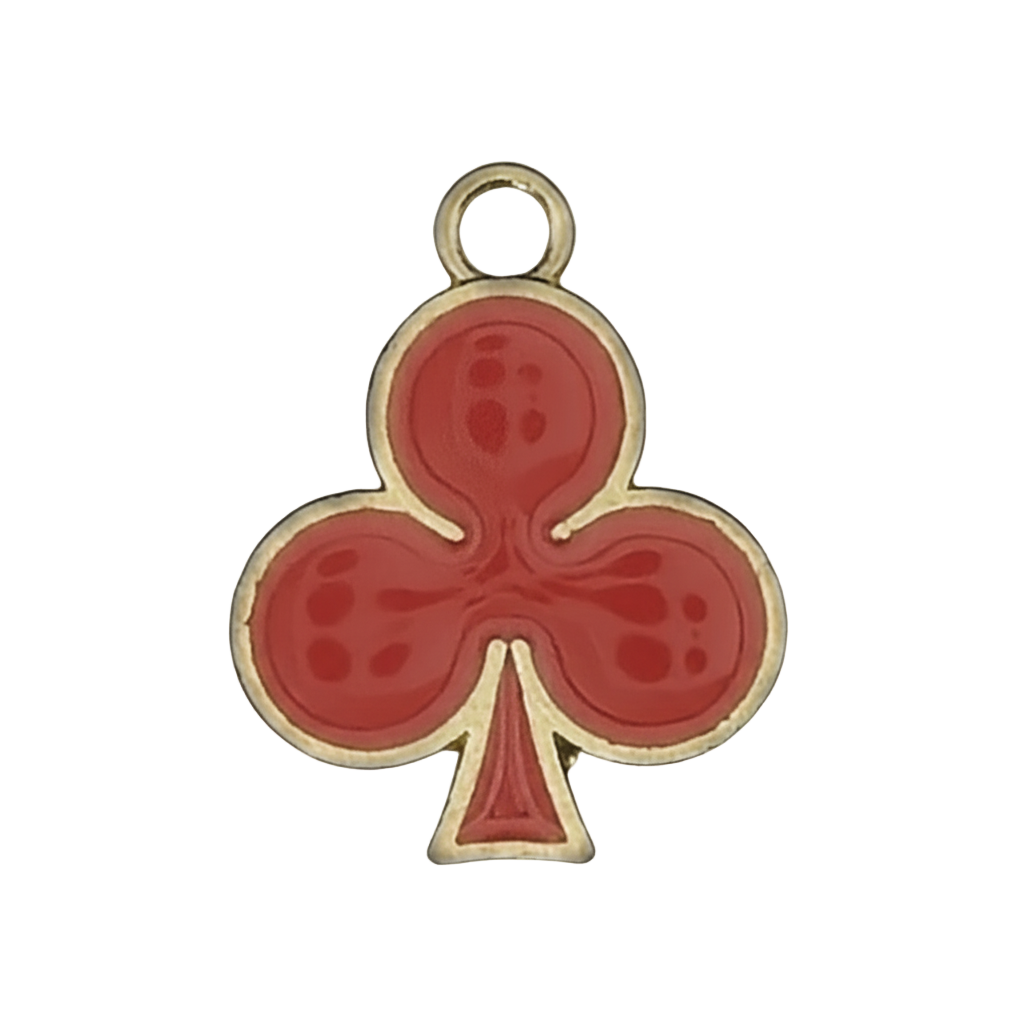 close-up of a red clubs suit enamel charm with gold-tone edge on a black background