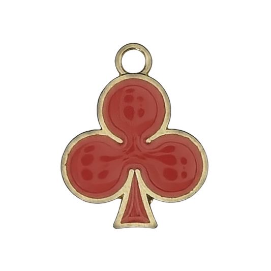 close-up of a red clubs suit enamel charm with gold-tone edge on a black background