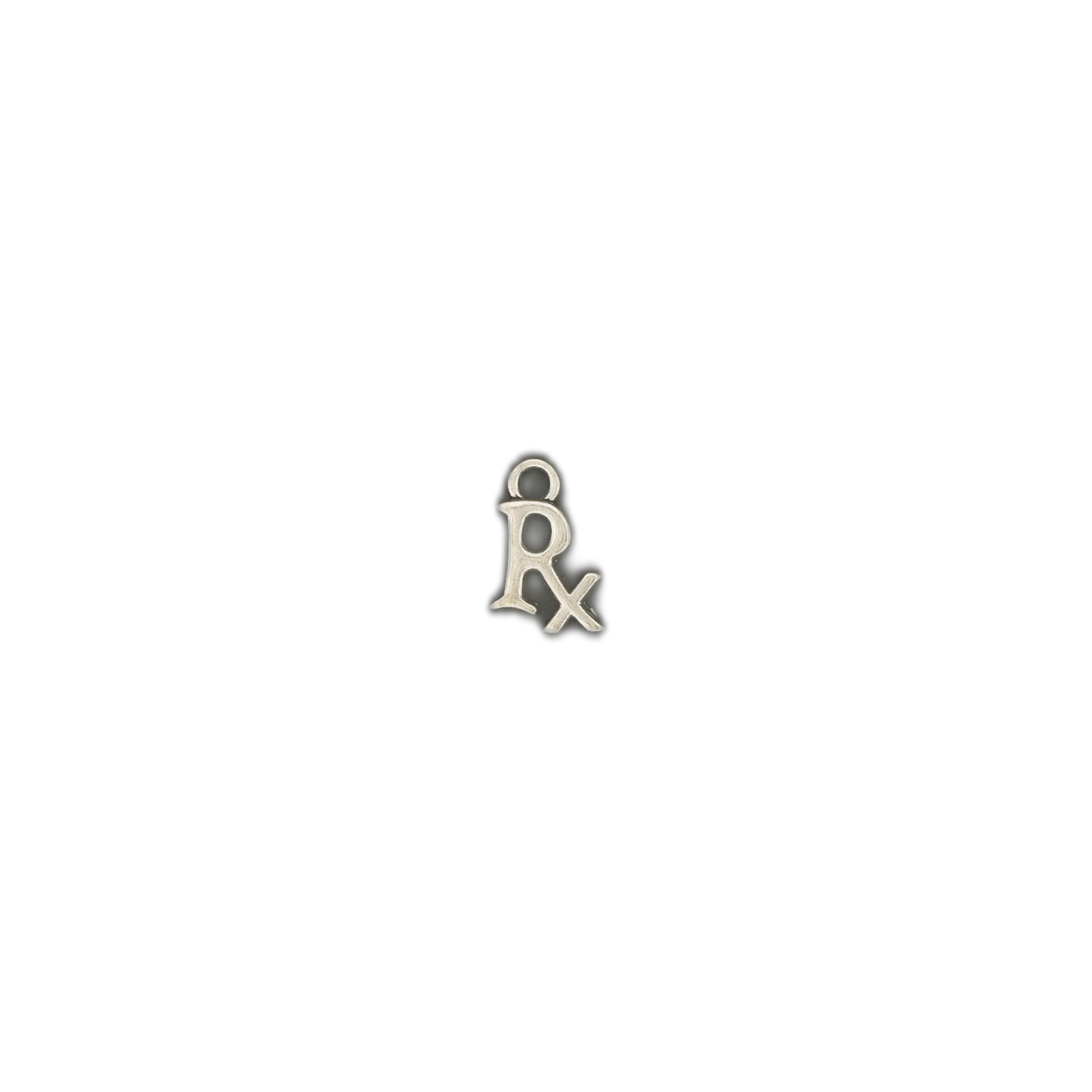 small silver Rx symbol charm centered on black background