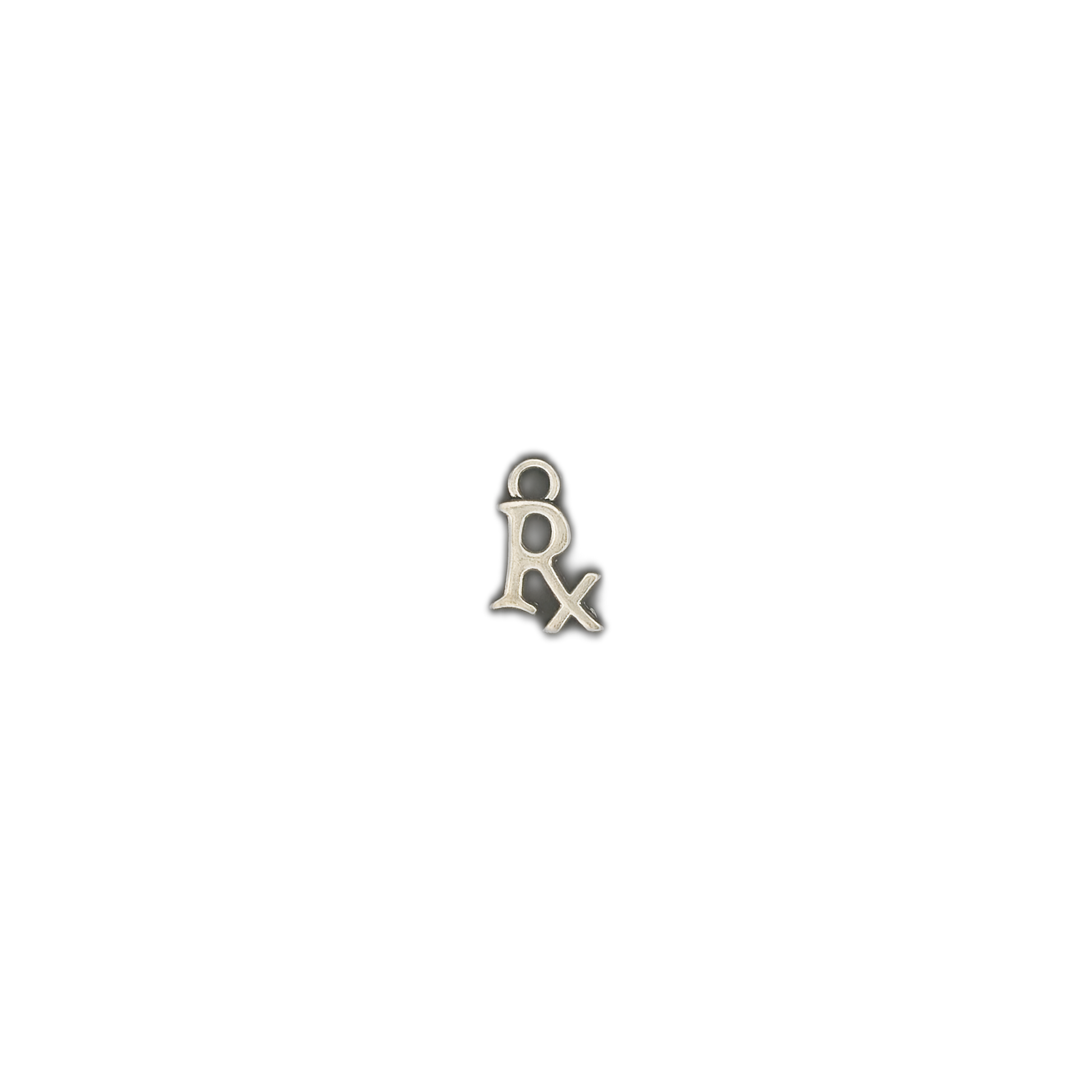 small silver Rx symbol charm centered on black background