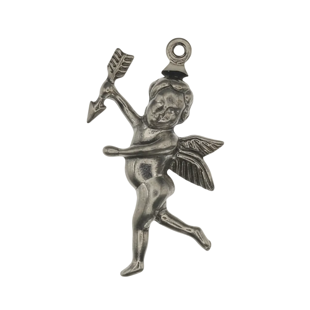 close-up of silver-tone cupid charm with wings holding an arrow on a black background