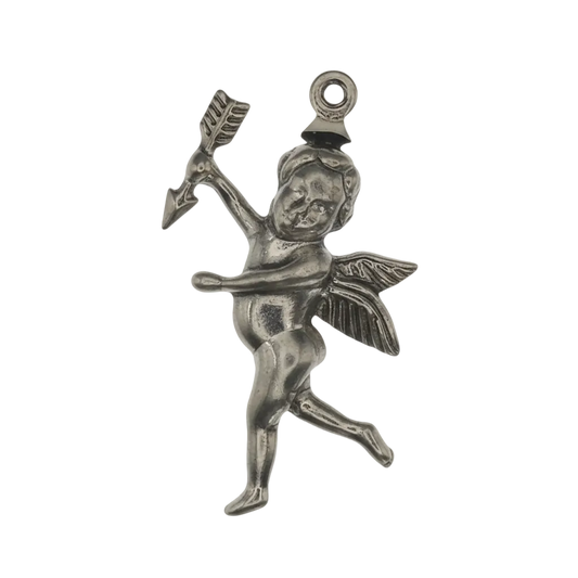 close-up of silver-tone cupid charm with wings holding an arrow on a black background