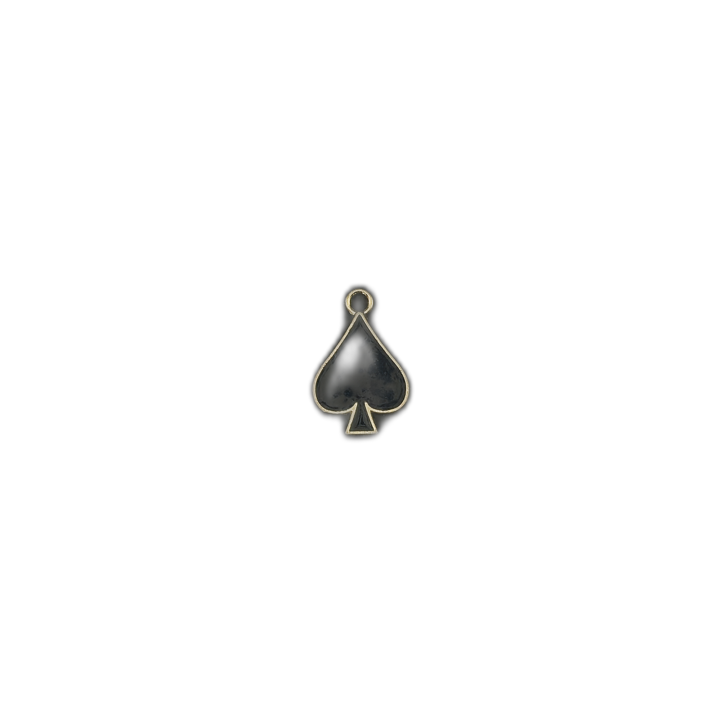 small spade-shaped black enamel charm with gold outline centered on a black background