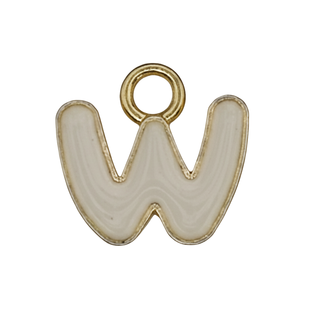 close-up of white enamel letter W charm with gold outline on black background