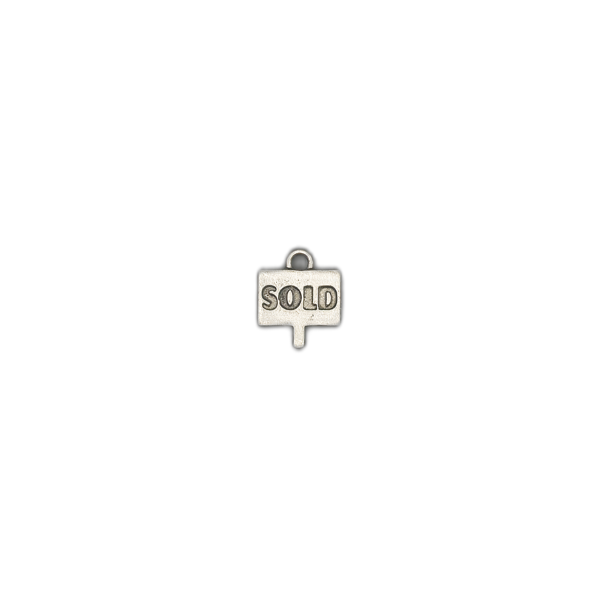 small silver SOLD sign charm centered on black background