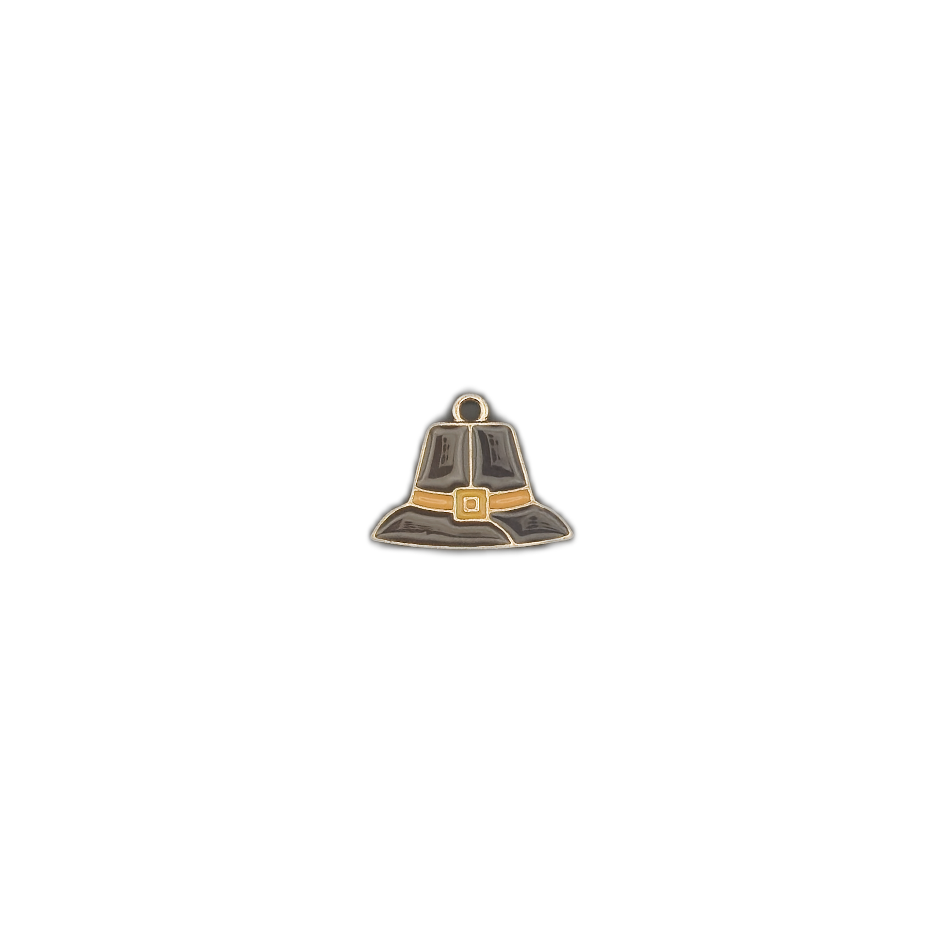 small pilgrim hat charm centered on a black background