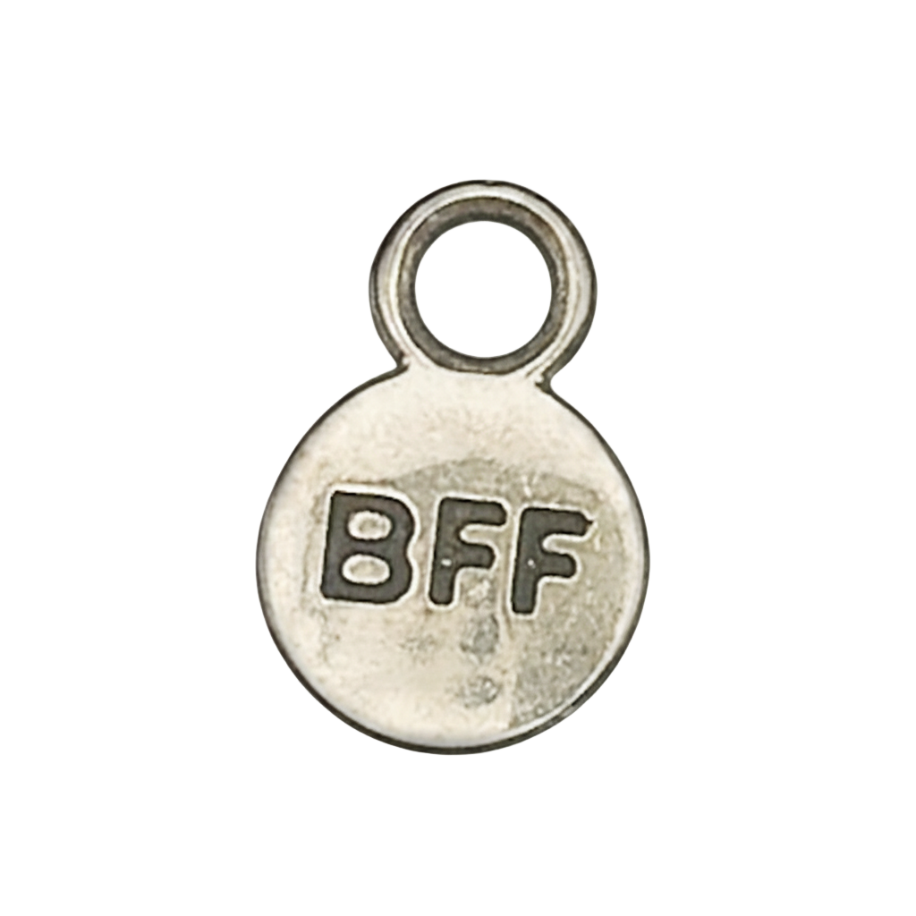 Close-up of a small silver-tone round charm stamped "BFF".