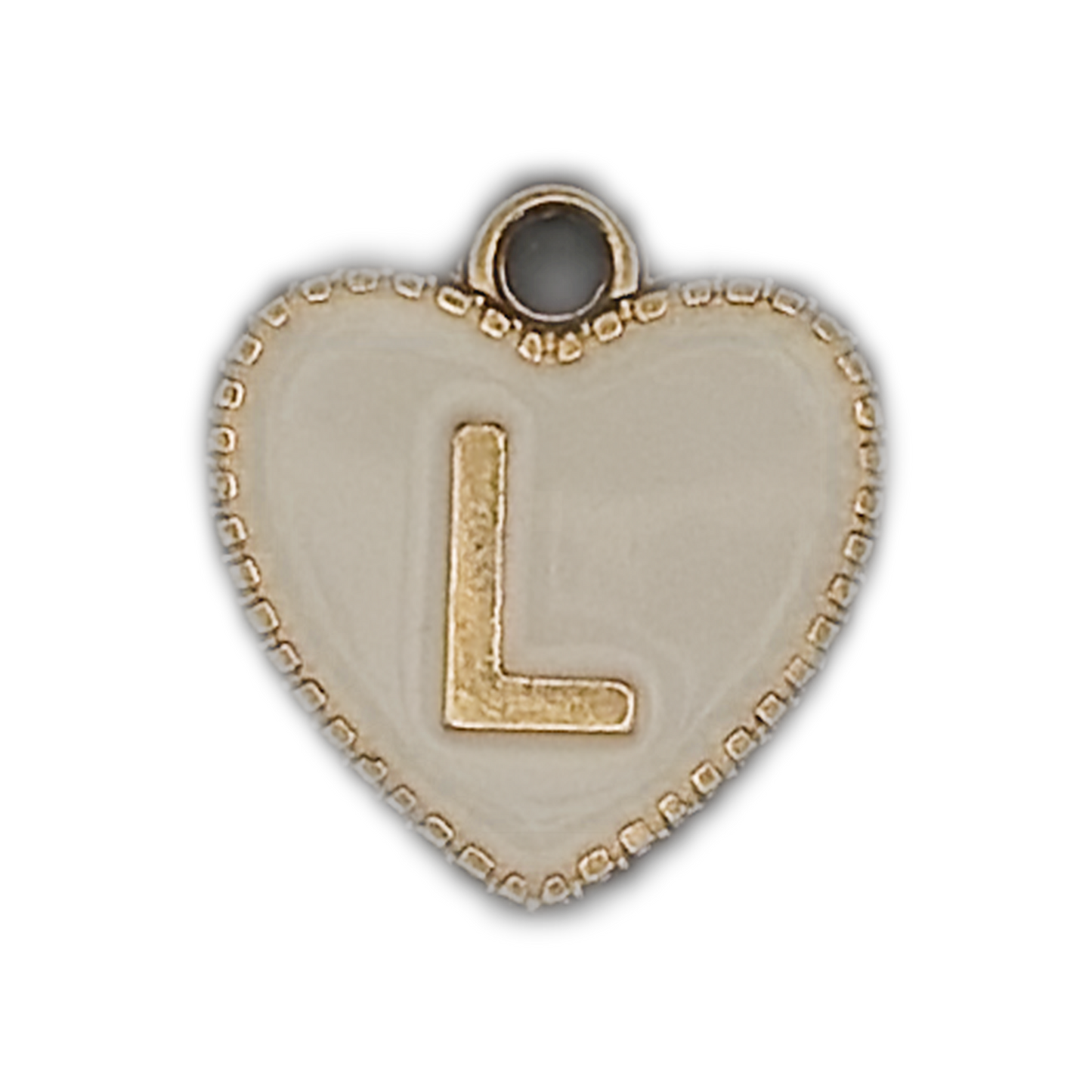 close-up of white heart charm with raised gold letter L and beaded gold edge on black background