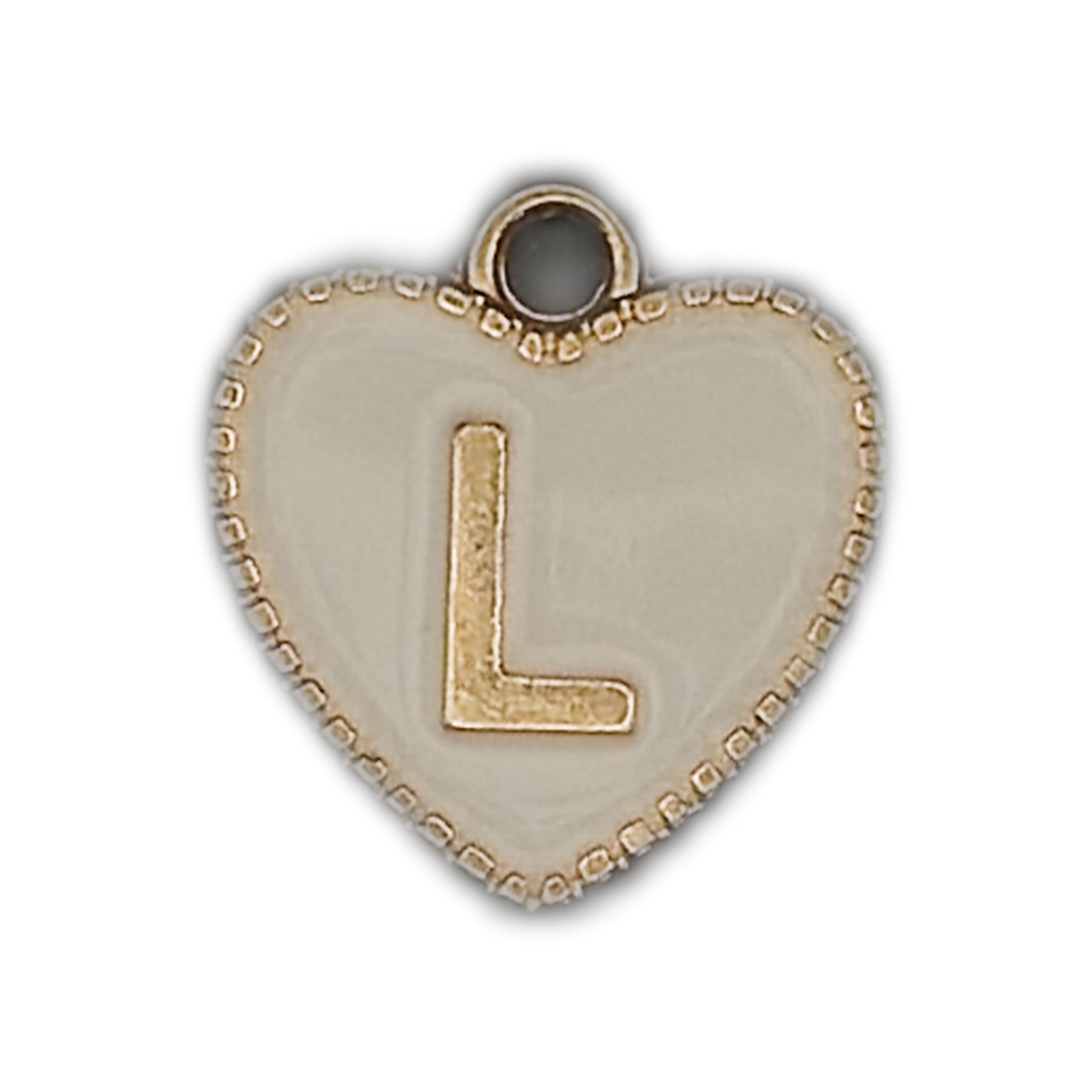 close-up of white heart charm with raised gold letter L and beaded gold edge on black background