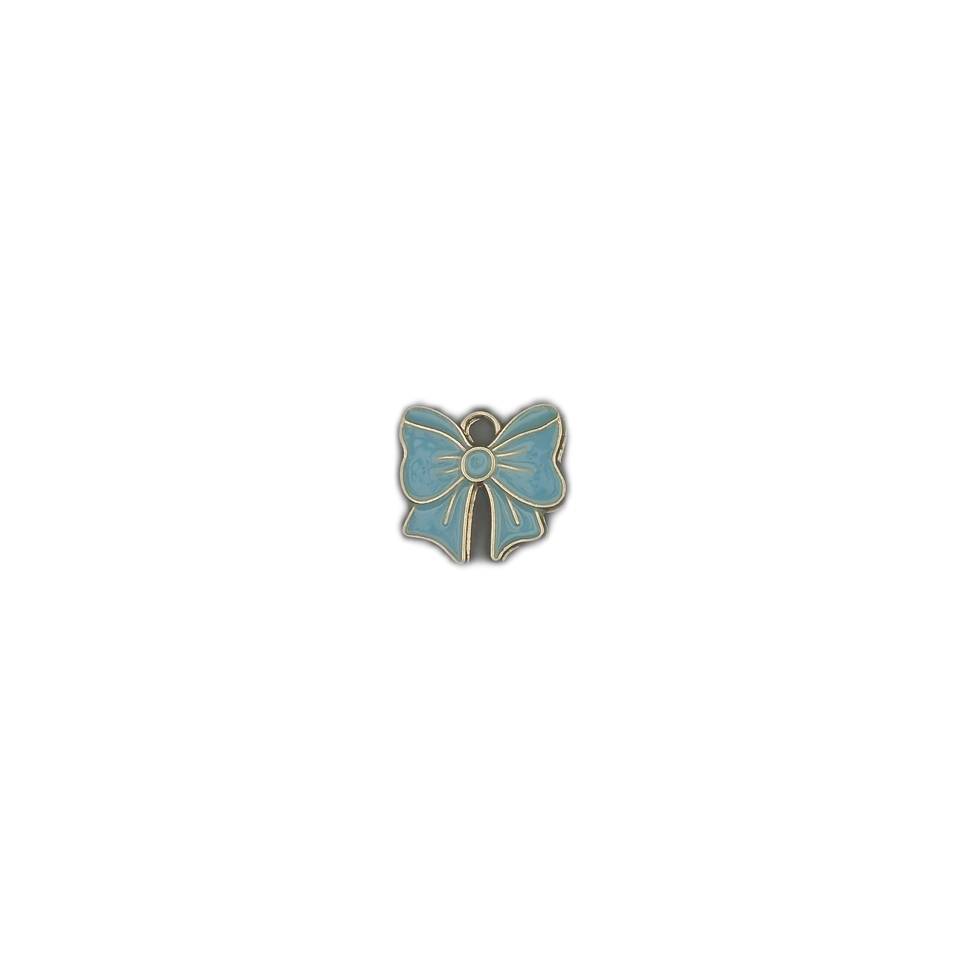 small blue bow charm centered on a black background